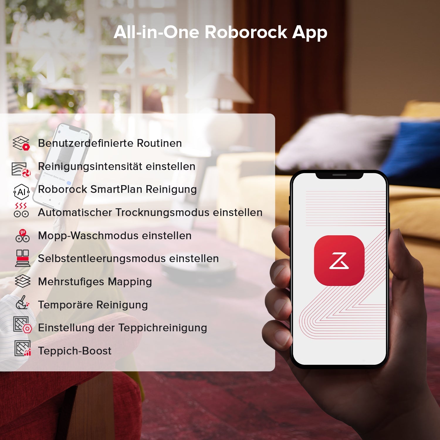 Funktionsübersicht der Roborock App für den Qrevo S5V am Smartphone