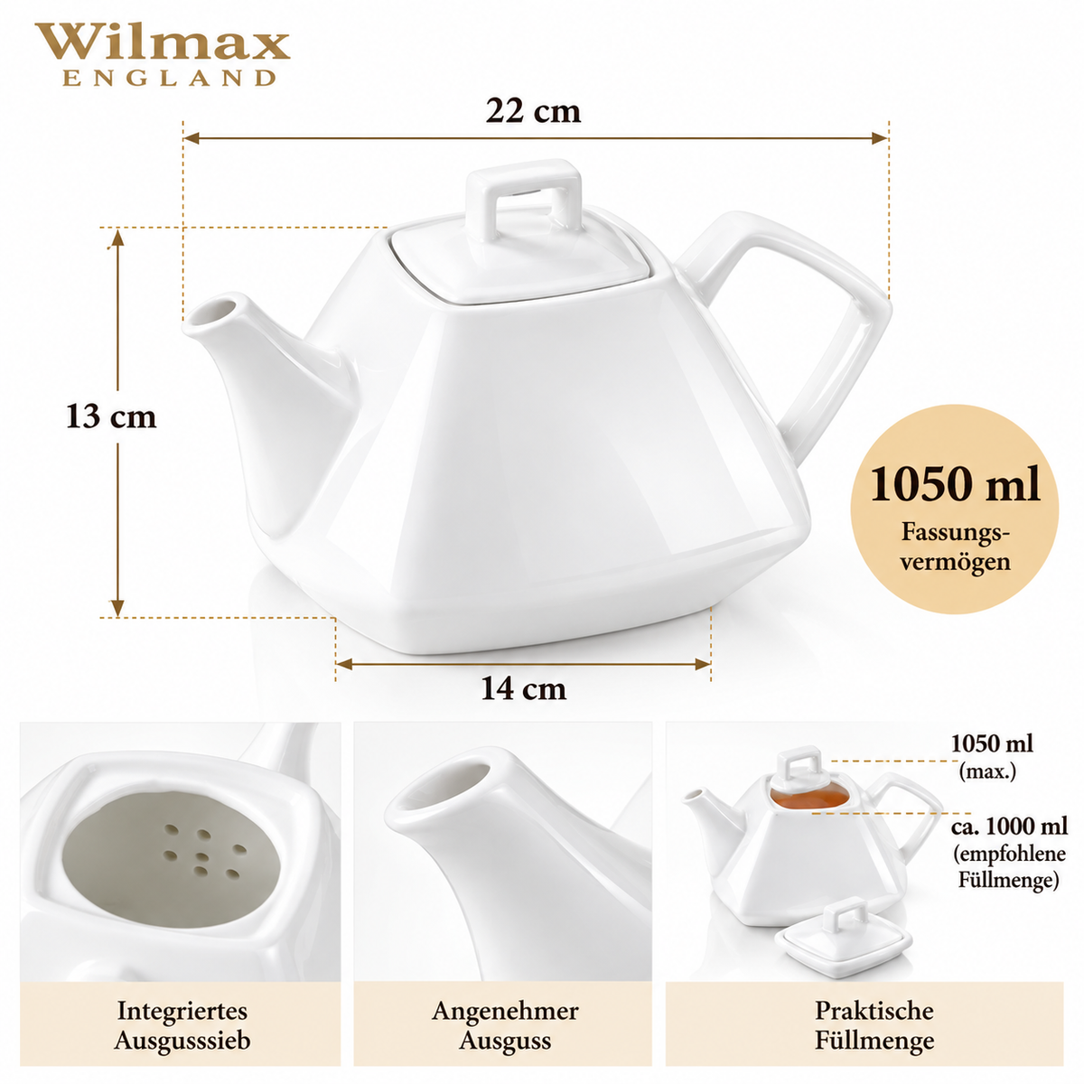 Wilmax Kaffee- und Teekanne mit Ausgusssieb 1050 ml Weiß Porzellan – Anwendungs- oder Detailansicht; Lieferumfang: 1 Stück