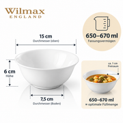 Wilmax Schale 700 ml 15 cm 4er-Set Weiß Porzellan – Anwendungs- oder Detailansicht; Lieferumfang: 4 Stück