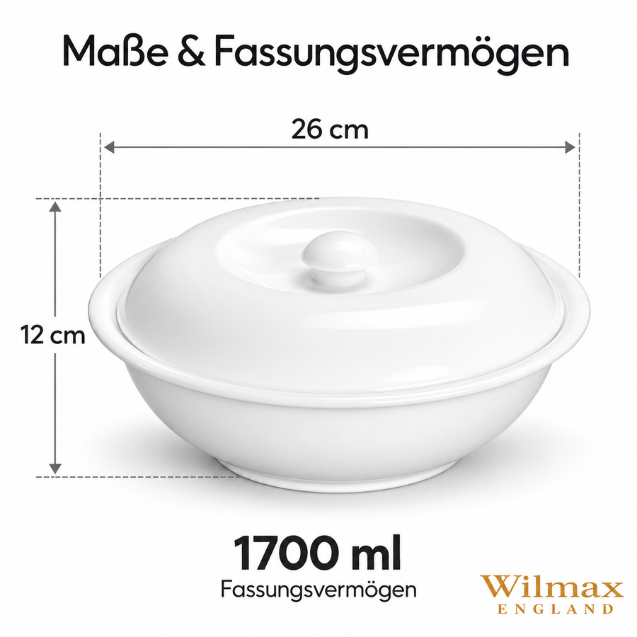 Wilmax Suppenterrine mit Deckel 1700 ml 26 cm Weiß Porzellan – Anwendungs- oder Detailansicht; Lieferumfang: 1 Stück