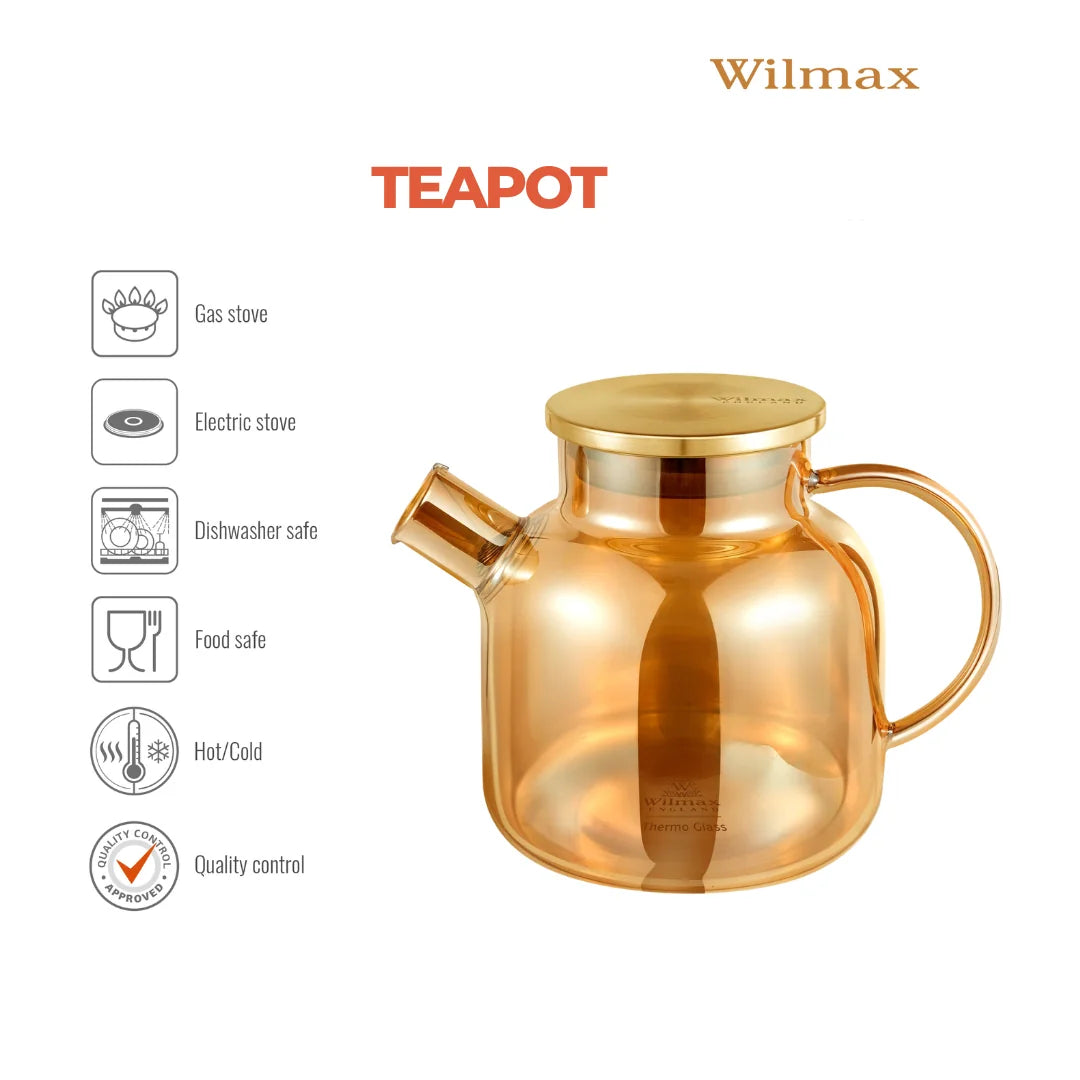 Wilmax Teekanne 1200 ml mit Federfilter und mit Edelstahldeckel Gold Thermoglas – Anwendungs- oder Detailansicht; Lieferumfang: 1 Stück