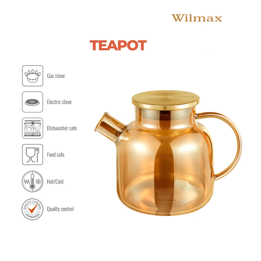Wilmax Teekanne 1200 ml mit Federfilter und mit Edelstahldeckel Gold Thermoglas – Anwendungs- oder Detailansicht; Lieferumfang: 1 Stück