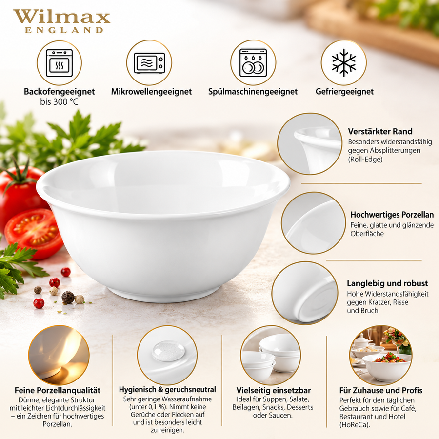 Wilmax Schale 1600 ml 20 cm 2er-Set Weiß Porzellan – Anwendungs- oder Detailansicht; Lieferumfang: 2 Stück