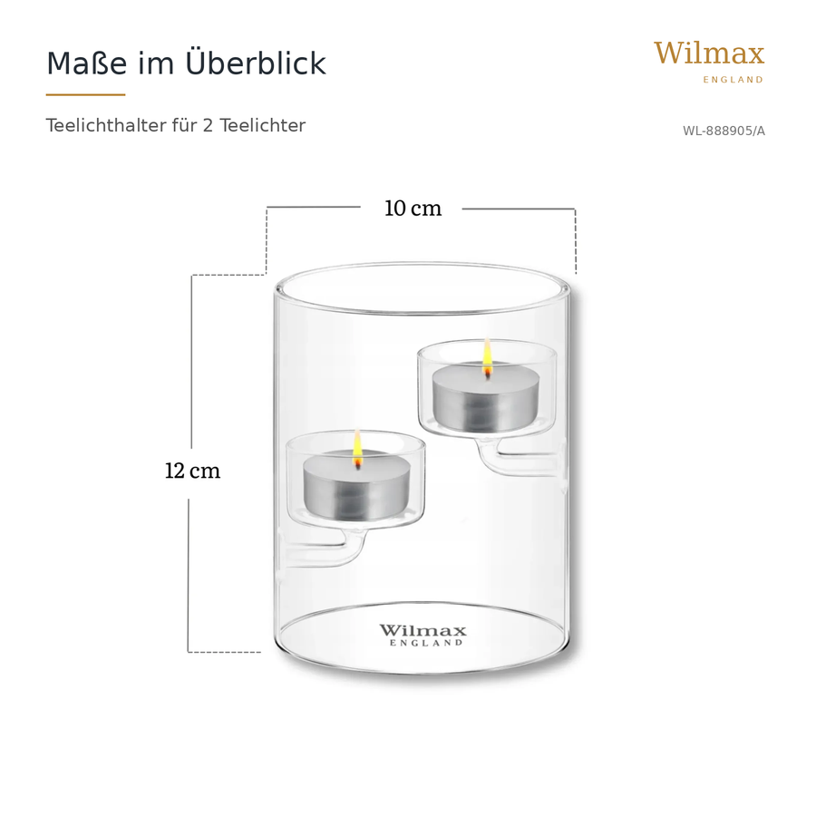 Wilmax Teelichthalter für 2 Teelichter 12 cm Transparent Glas – Anwendungs- oder Detailansicht; Lieferumfang: 1 Stück