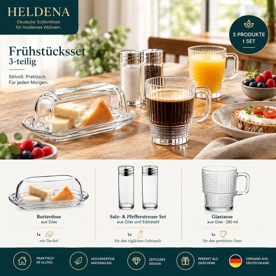 HELDENA Frühstücksset – Butterdose, Salz- & Pfefferstreuer + 6 Teegläser 270 ml