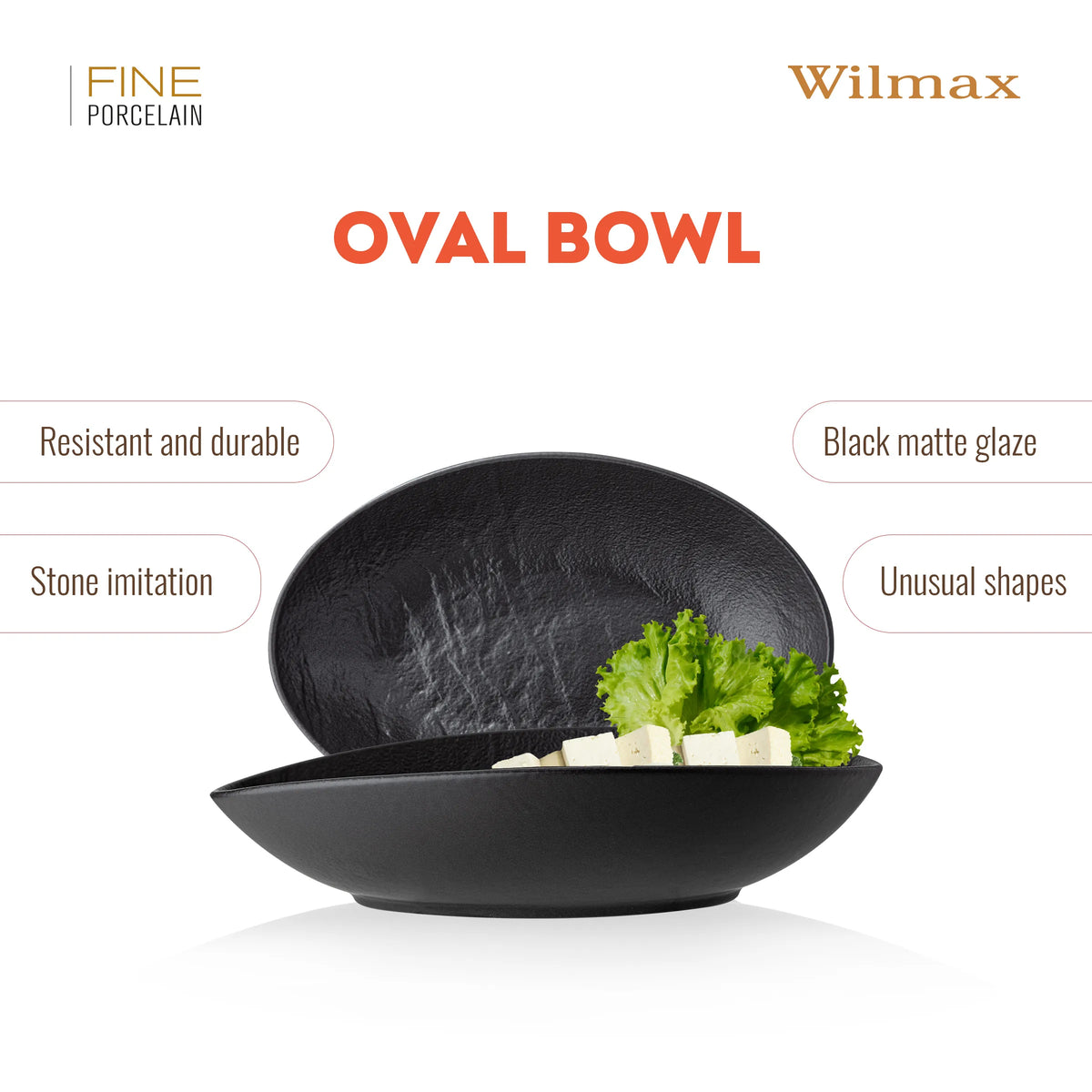 Wilmax Ovale Servierschale 30 × 19,5 × 7 cm Schwarz Porzellan – Anwendungs- oder Detailansicht; Lieferumfang: 1 Stück