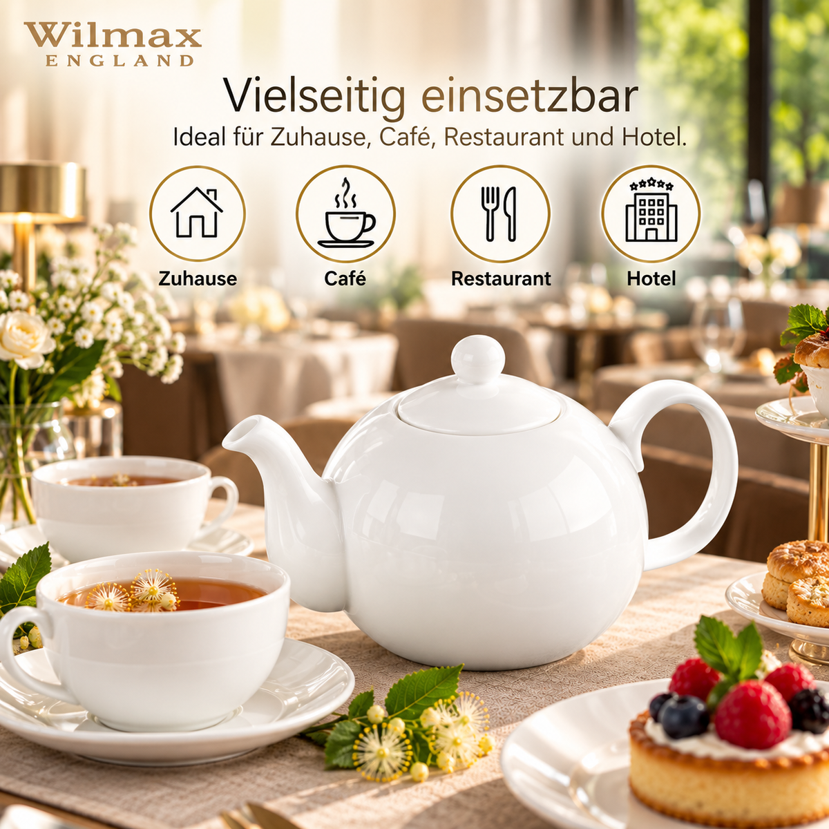 Wilmax Kaffee- und Teekanne mit Ausgusssieb 1100 ml Weiß Porzellan – Anwendungs- oder Detailansicht; Lieferumfang: 1 Stück