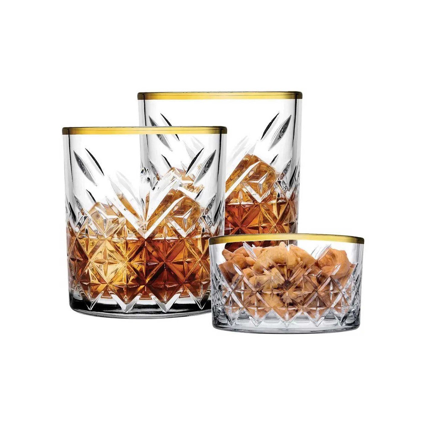 Whiskygläser mit Goldrand 205 ml – Vintage Facettendesign – 3er Set – Elegante Bar Gläser