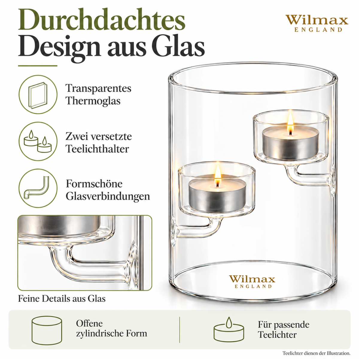 Wilmax Teelichthalter für 2 Teelichter 12 cm Transparent Glas – Anwendungs- oder Detailansicht; Lieferumfang: 1 Stück