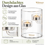 Wilmax Teelichthalter für 2 Teelichter 12 cm Transparent Glas – Anwendungs- oder Detailansicht; Lieferumfang: 1 Stück