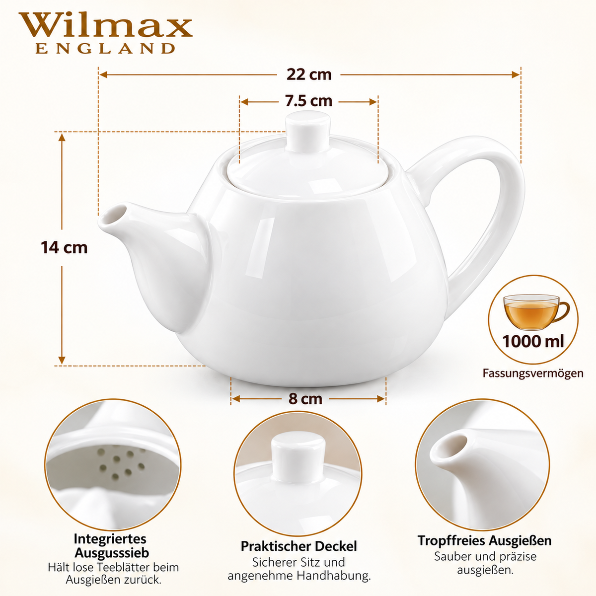 Wilmax Kaffee- und Teekanne mit Ausgusssieb 1000 ml Weiß Porzellan – Anwendungs- oder Detailansicht; Lieferumfang: 1 Stück