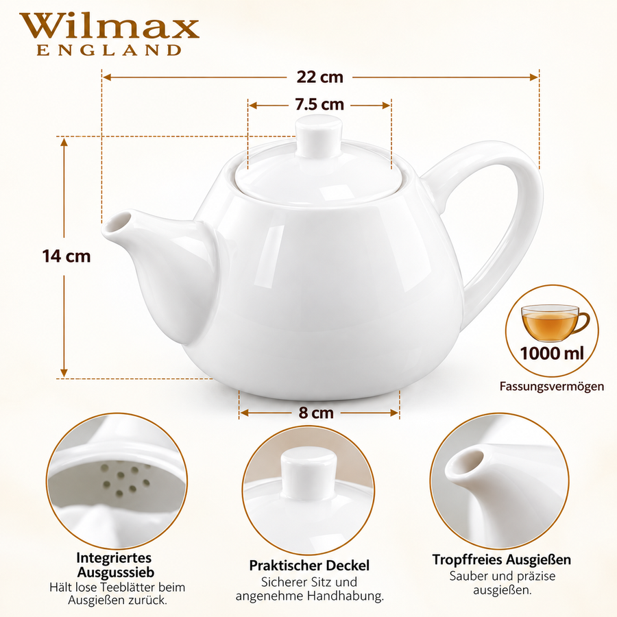 Wilmax Kaffee- und Teekanne mit Ausgusssieb 1000 ml Weiß Porzellan – Anwendungs- oder Detailansicht; Lieferumfang: 1 Stück