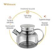Wilmax Teekanne 950 ml mit Federfilter und mit Edelstahldeckel Grau Thermoglas – Anwendungs- oder Detailansicht; Lieferumfang: 1 Stück