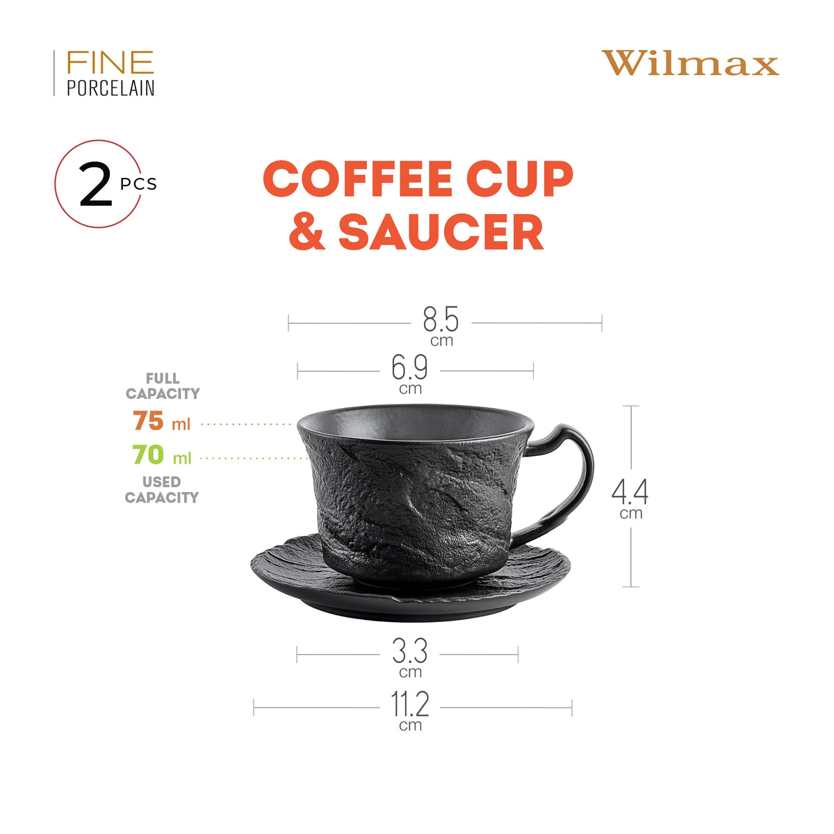 Wilmax Espressotasse mit Untertasse 75 ml 2er-Set Schwarz Porzellan – Anwendungs- oder Detailansicht; Lieferumfang: 2 Stück