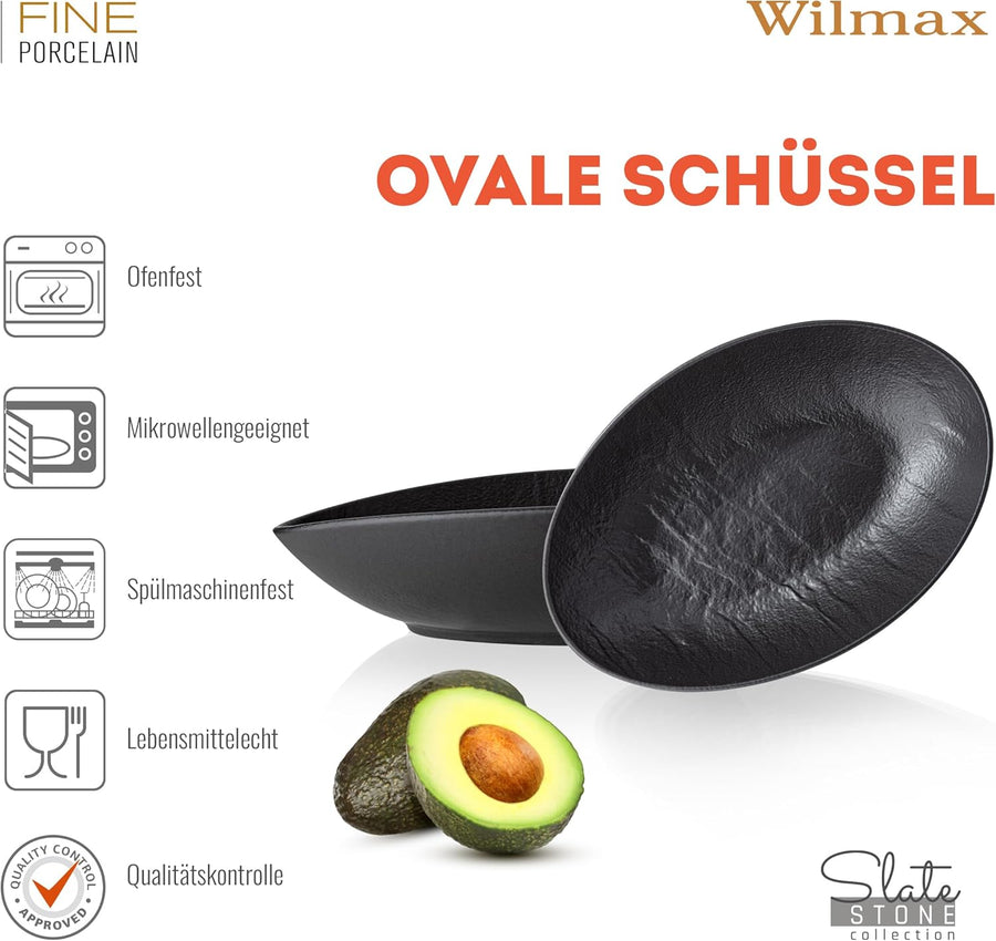 Wilmax Ovale Servierschale 25 × 16,5 × 6 cm 2er-Set Schwarz Porzellan – Anwendungs- oder Detailansicht; Lieferumfang: 2 Stück