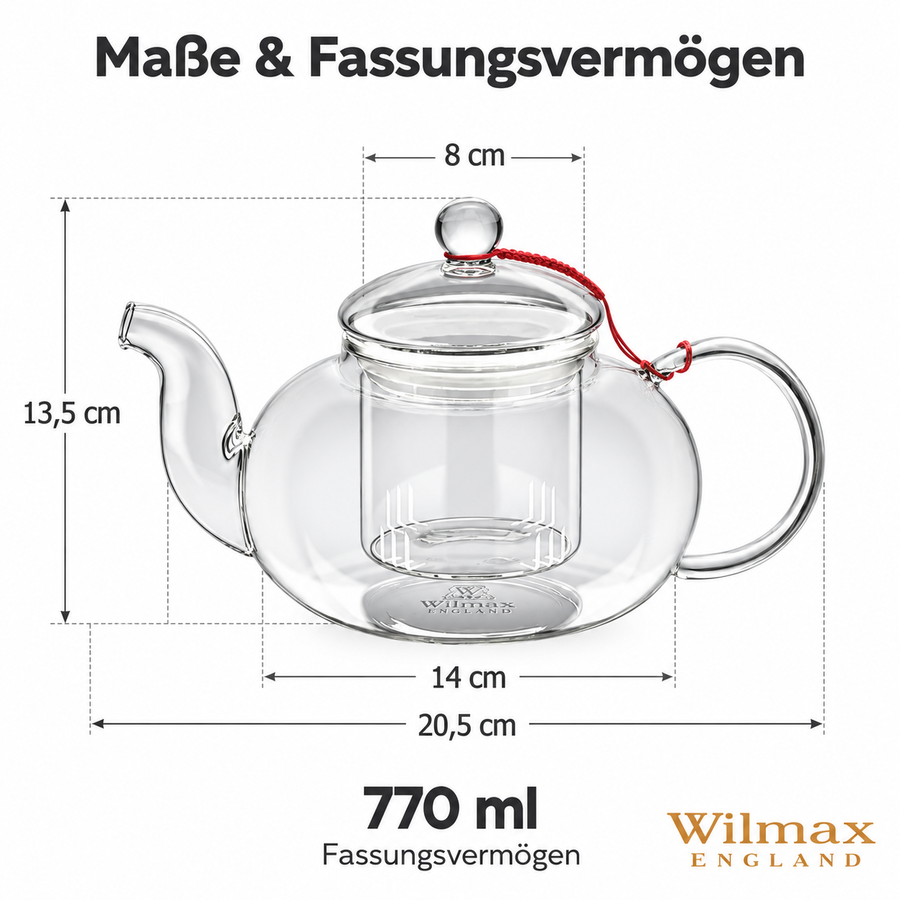 Wilmax Teekanne 770 ml mit Glasfilter Transparent Thermoglas – Anwendungs- oder Detailansicht; Lieferumfang: 1 Stück