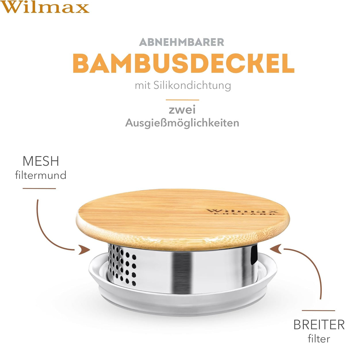 Wilmax Krug 1900 ml mit Bambusdeckel Transparent Thermoglas – Anwendungs- oder Detailansicht; Lieferumfang: 1 Stück