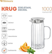 Wilmax Krug 1000 ml mit Edelstahldeckel Transparent Thermoglas – Anwendungs- oder Detailansicht; Lieferumfang: 1 Stück