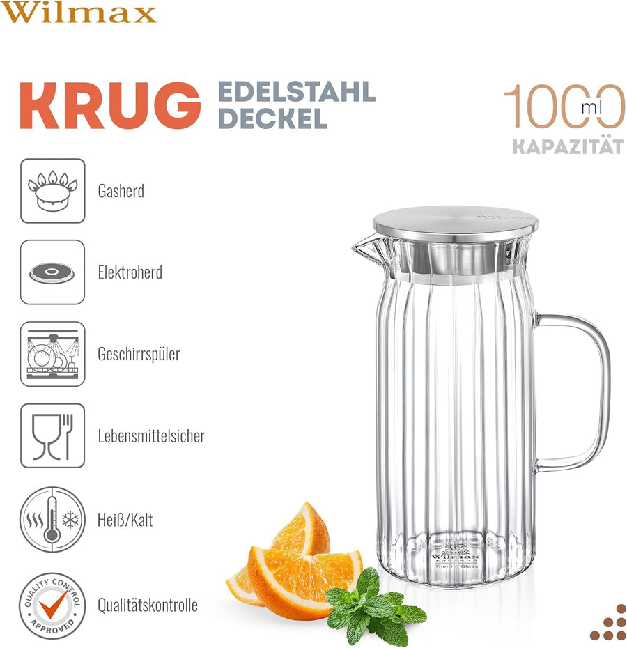 Wilmax Krug 1000 ml mit Edelstahldeckel Transparent Thermoglas – Anwendungs- oder Detailansicht; Lieferumfang: 1 Stück