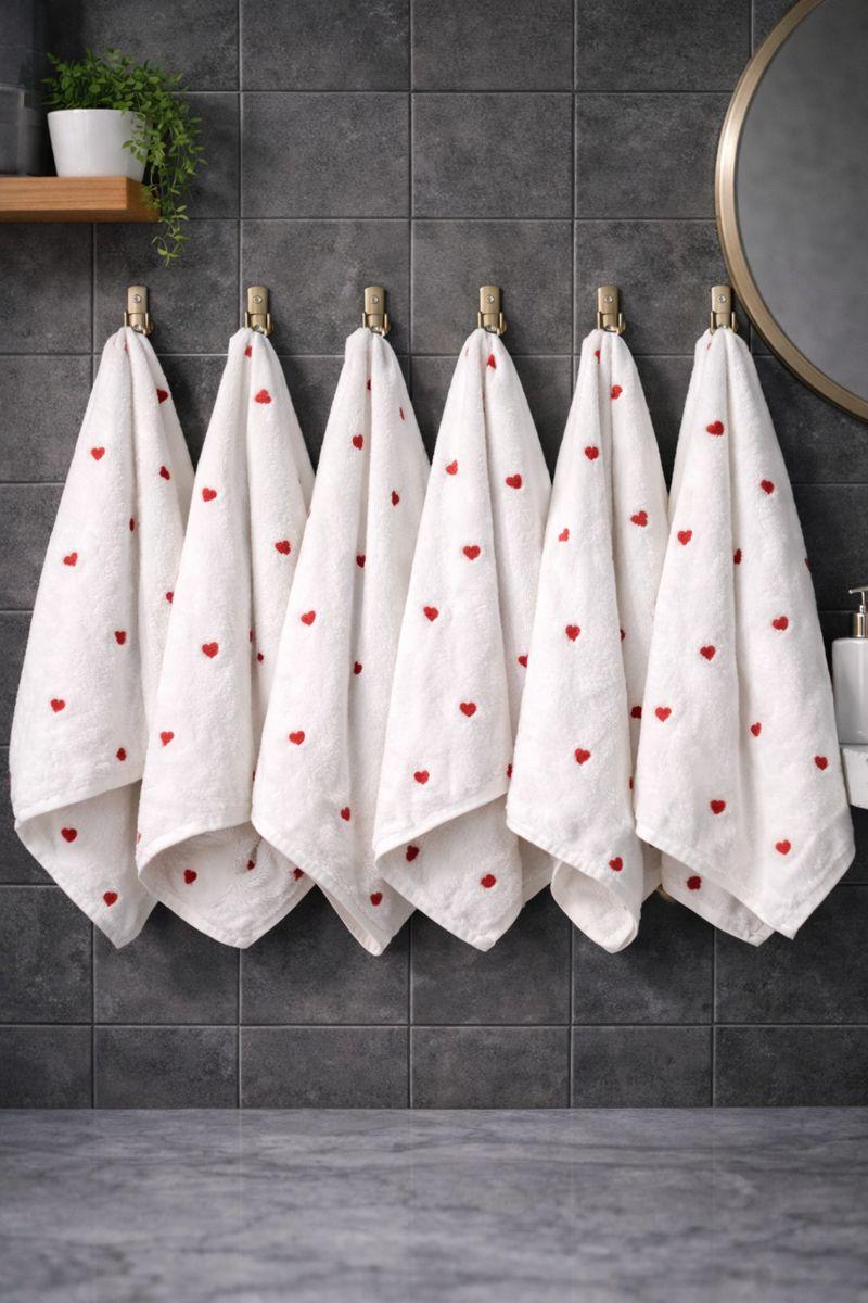 Handtücher Set Herz-Stickerei 6er Baumwolle Badezimmer Geschenk