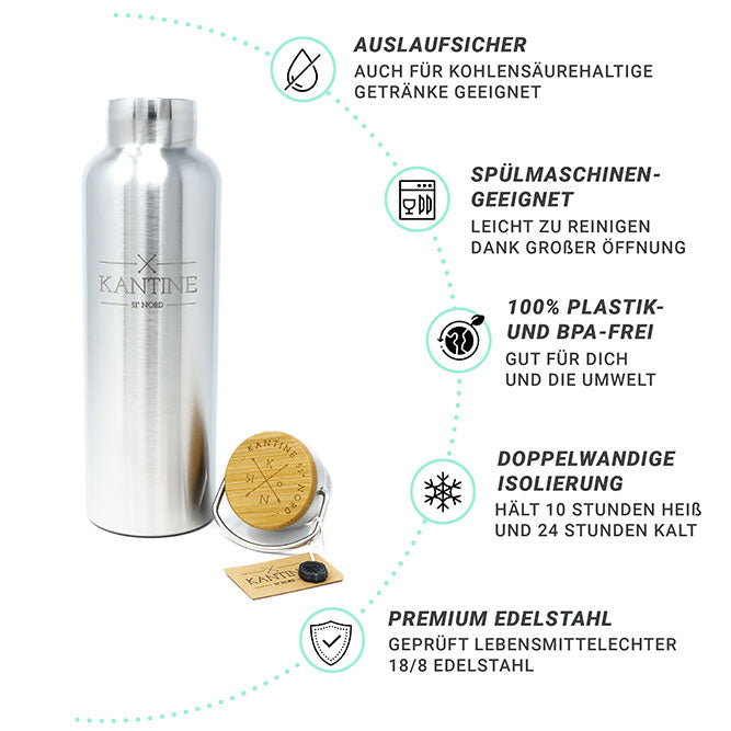 Edelstahl Thermoflasche Outdoor 750 ml für Tee Kaffee und Wasser unterwegs
