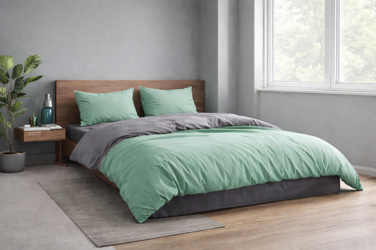 Bettwäsche Set Grün Grau Wendebettwäsche mit Spannbettlaken & Kissenbezug 100% Komfort Einzel & Doppelbett