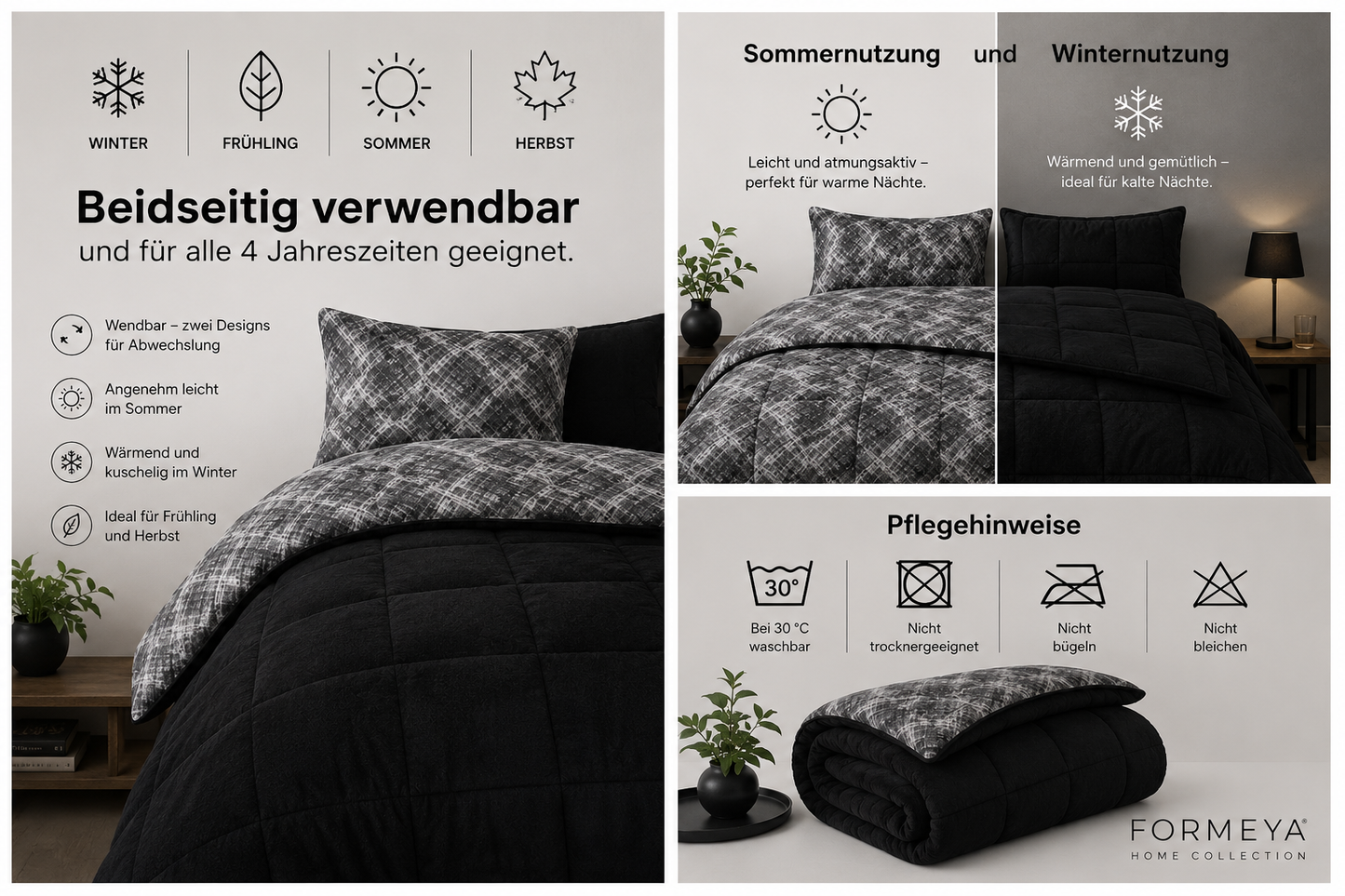 HELDENA Wellsoft Bettdecke Schwarz – Doppelseitig Ganzjahresdecke mit Kissenbezug