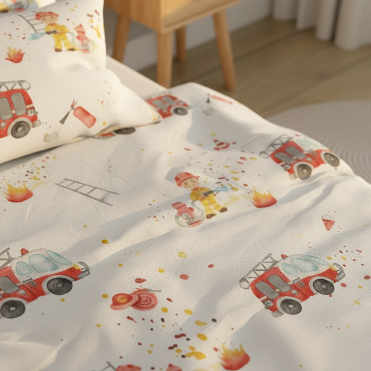 Kinderbettwäsche „Feuerwehr" mit Feuerwehrauto-Motiv für kleine Helden