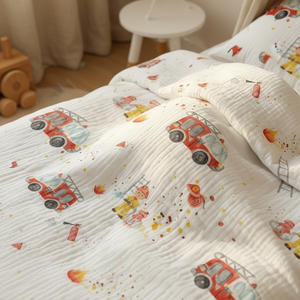 Detailansicht der Kinderbettwäsche „Feuerwehr" mit Feuerwehr-Motiv