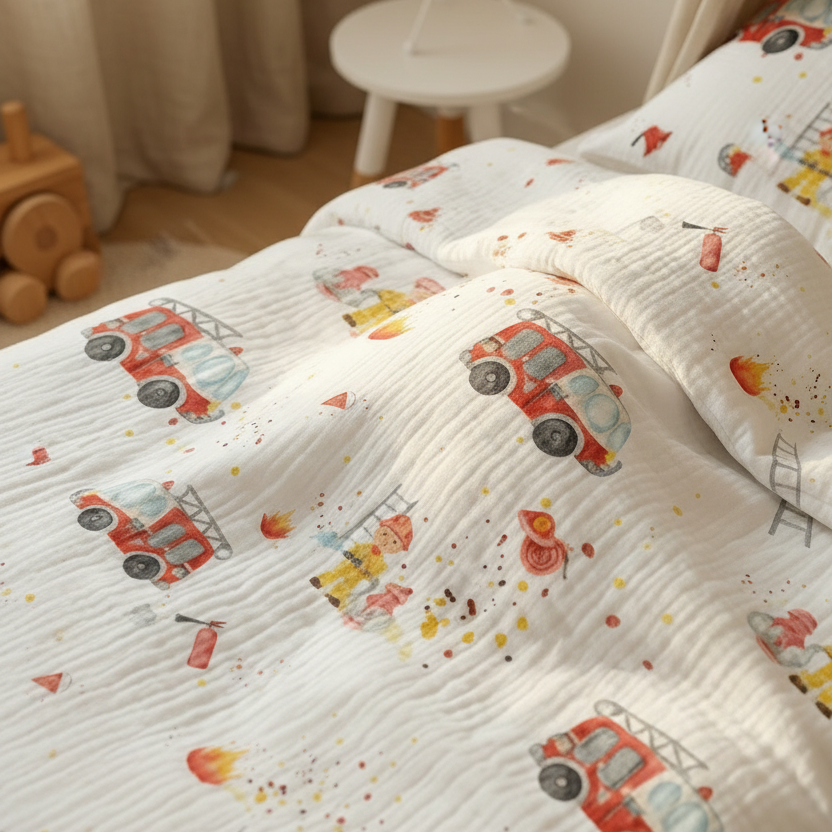 Detailansicht der Kinderbettwäsche „Feuerwehr" mit Feuerwehr-Motiv