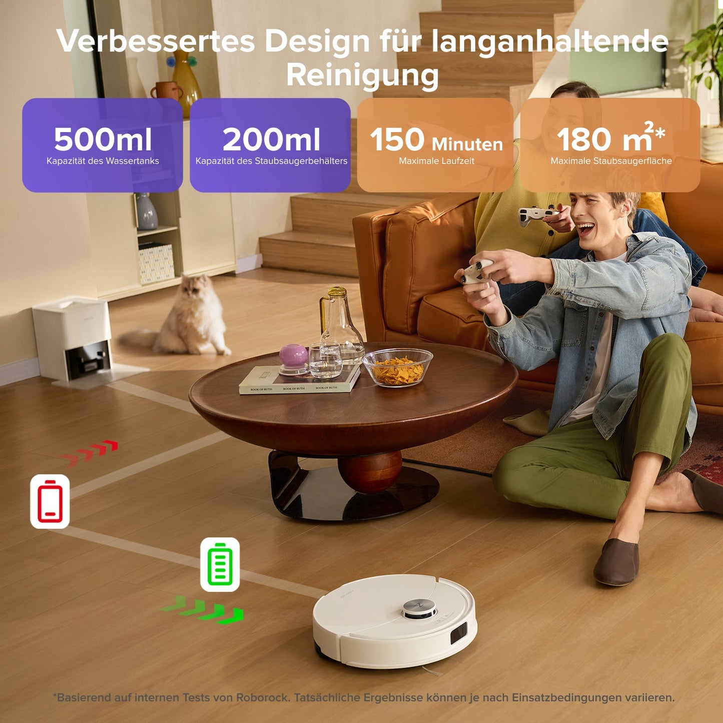 Roborock Q10 S5+ Set fährt mit niedriger Bauhöhe unter Möbel und reinigt gründlich