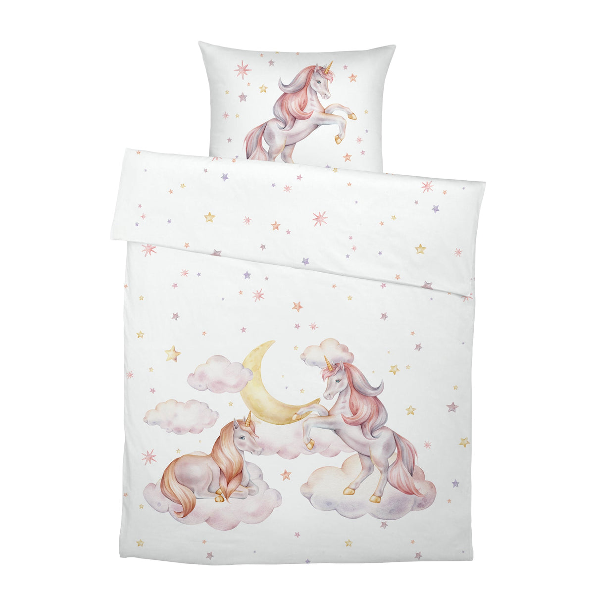 Komplettes Set „Sternen Einhorn": Bettbezug und Kissenbezug mit Einhorn-Motiv