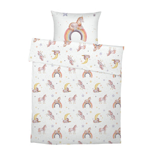 LESLIS Kinderbettwäsche „Regenbogen Einhorn" – komplettes Set aus Bettbezug und Kissenbezug