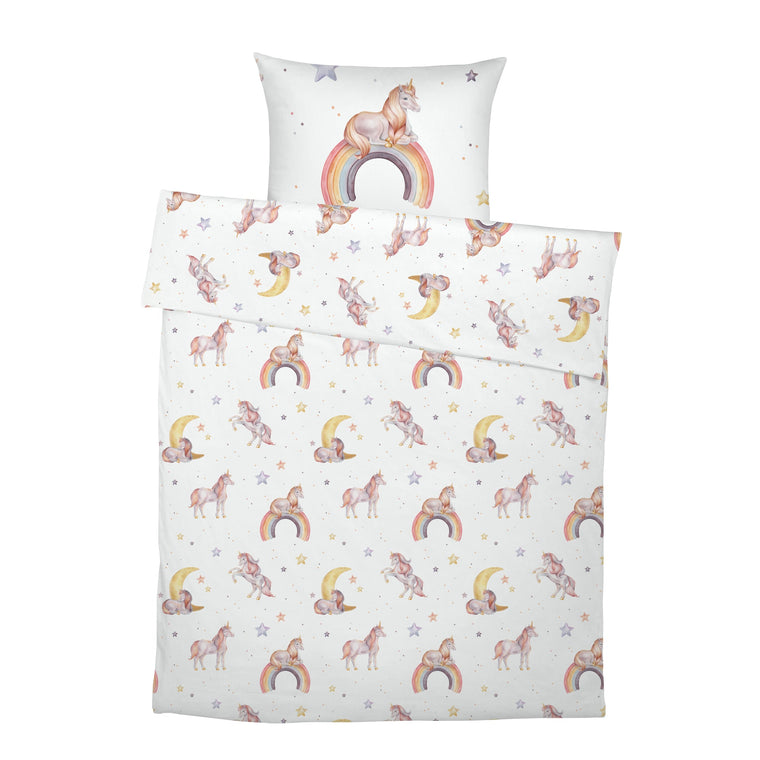 LESLIS Kinderbettwäsche „Regenbogen Einhorn" – komplettes Set aus Bettbezug und Kissenbezug