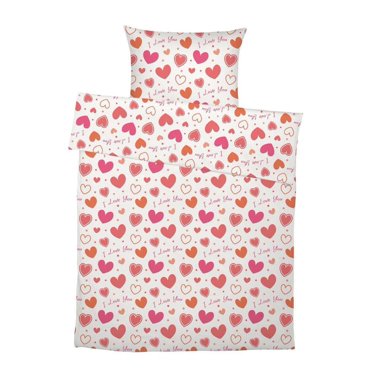 Komplettes Set „I love you": Bettbezug und Kissenbezug mit Herzen-Motiv in Rosa und Orange