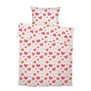 Komplettes Set „I love you": Bettbezug und Kissenbezug mit Herzen-Motiv in Rosa und Orange