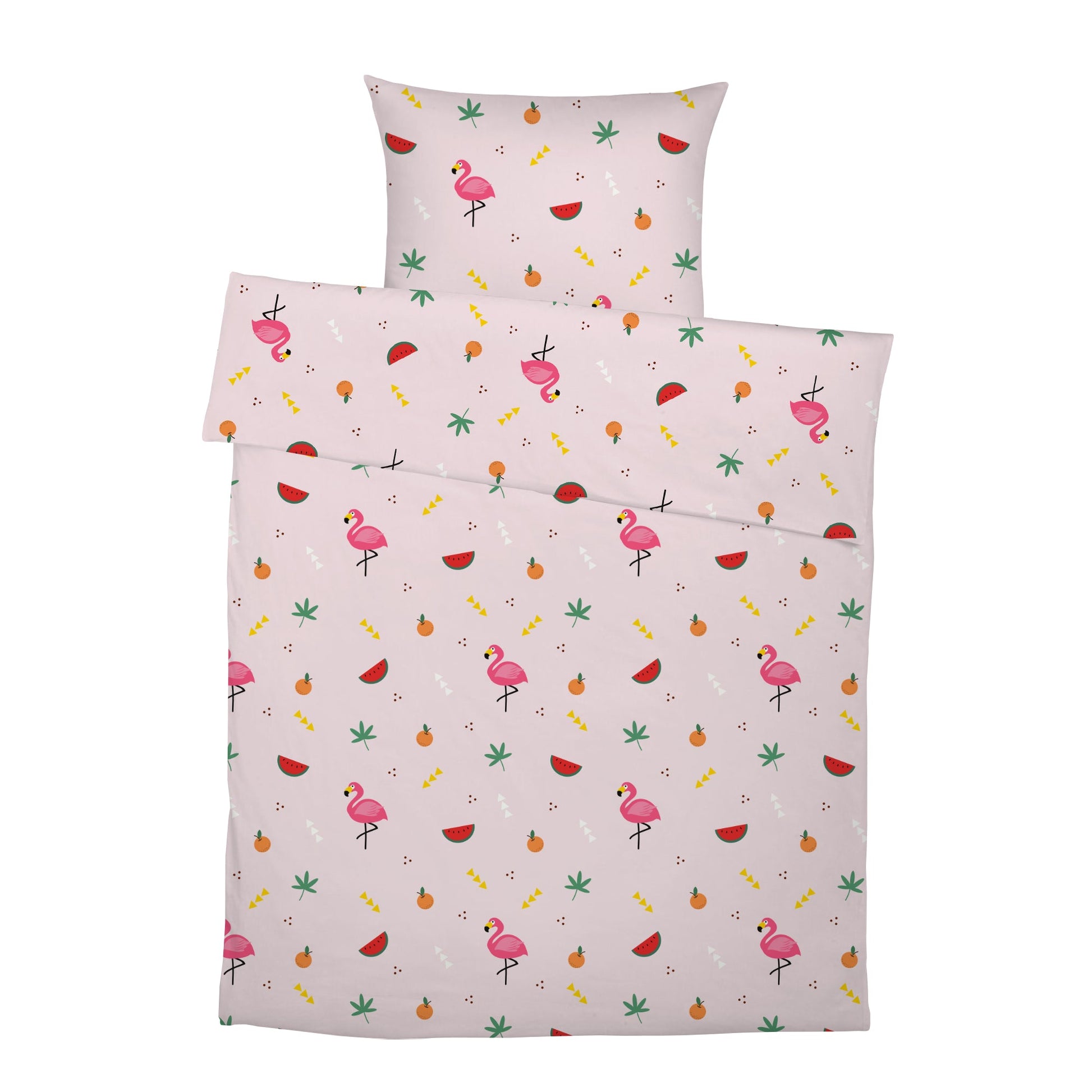 Komplettes Set „Flamingo": Bettbezug und Kissenbezug mit Flamingo- und Frucht-Motiv