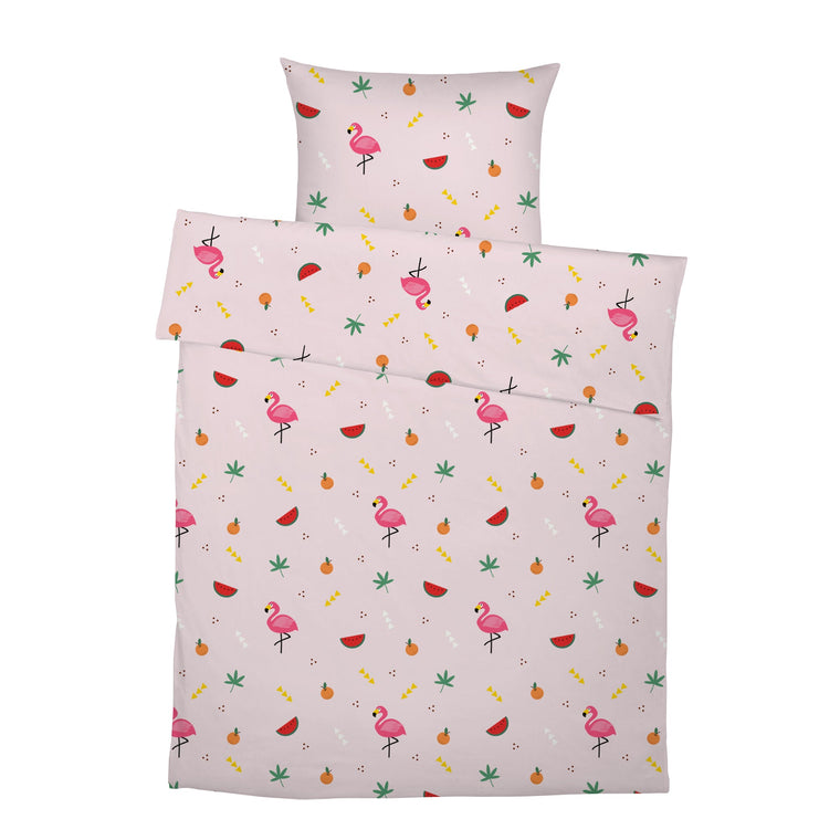 Komplettes Set „Flamingo": Bettbezug und Kissenbezug mit Flamingo- und Frucht-Motiv