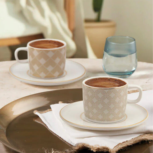 GÜRAL Mental Porzellan Kaffeetassen Weiß Braun 100 ml für türkischen Kaffee Mokka und Espresso