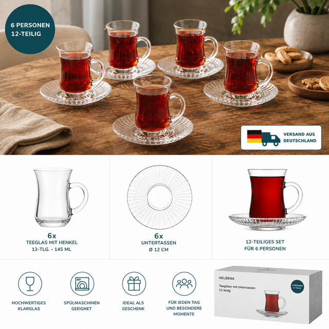 HELDENA Teegläser mit Untertassen 12-tlg. – 6×145 ml + 6×Ø 10,2 cm
