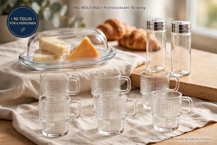 HELDENA Frühstücksset – Butterdose, Salz- & Pfefferstreuer + 6 Teegläser 270 ml