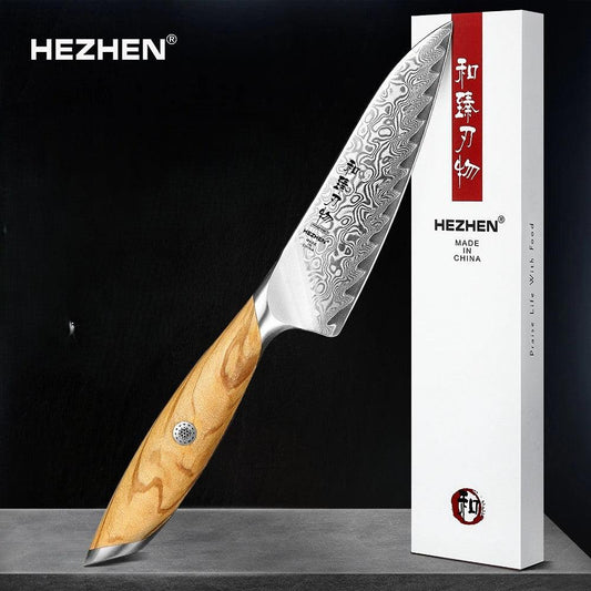 HEZHEN Utility Damastmesser 5 Zoll mit Holzgriff und strukturierter Klinge