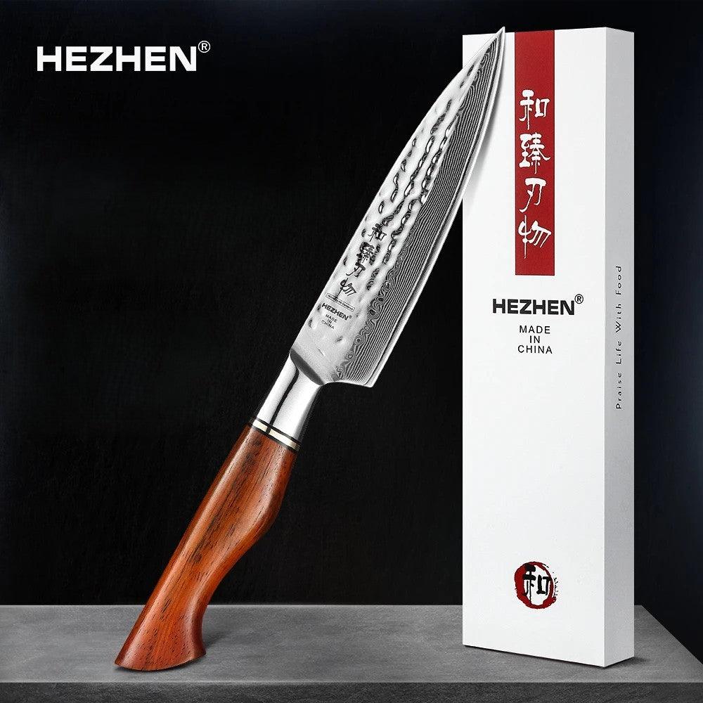HEZHEN Santoku Damastmesser 5 Zoll mit Rosenholzgriff und Damastklinge