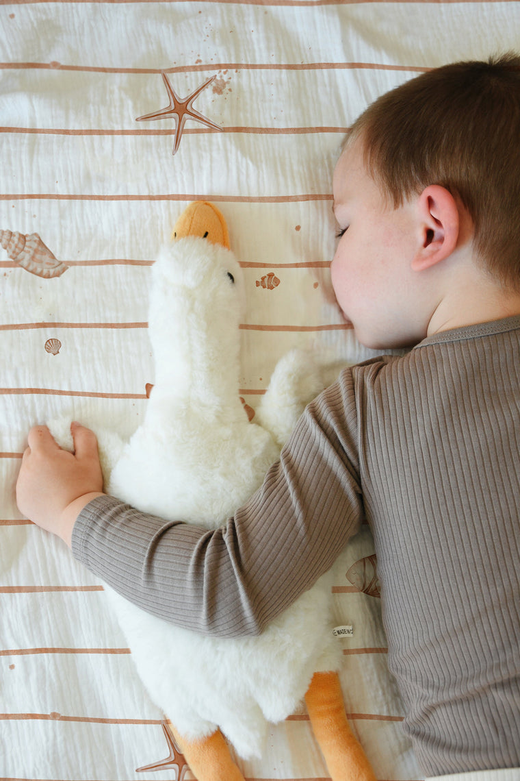 LESLIS Kinderbettwäsche „Kleine Seesterne" – Junge im Kinderbett mit Seestern-Motiv