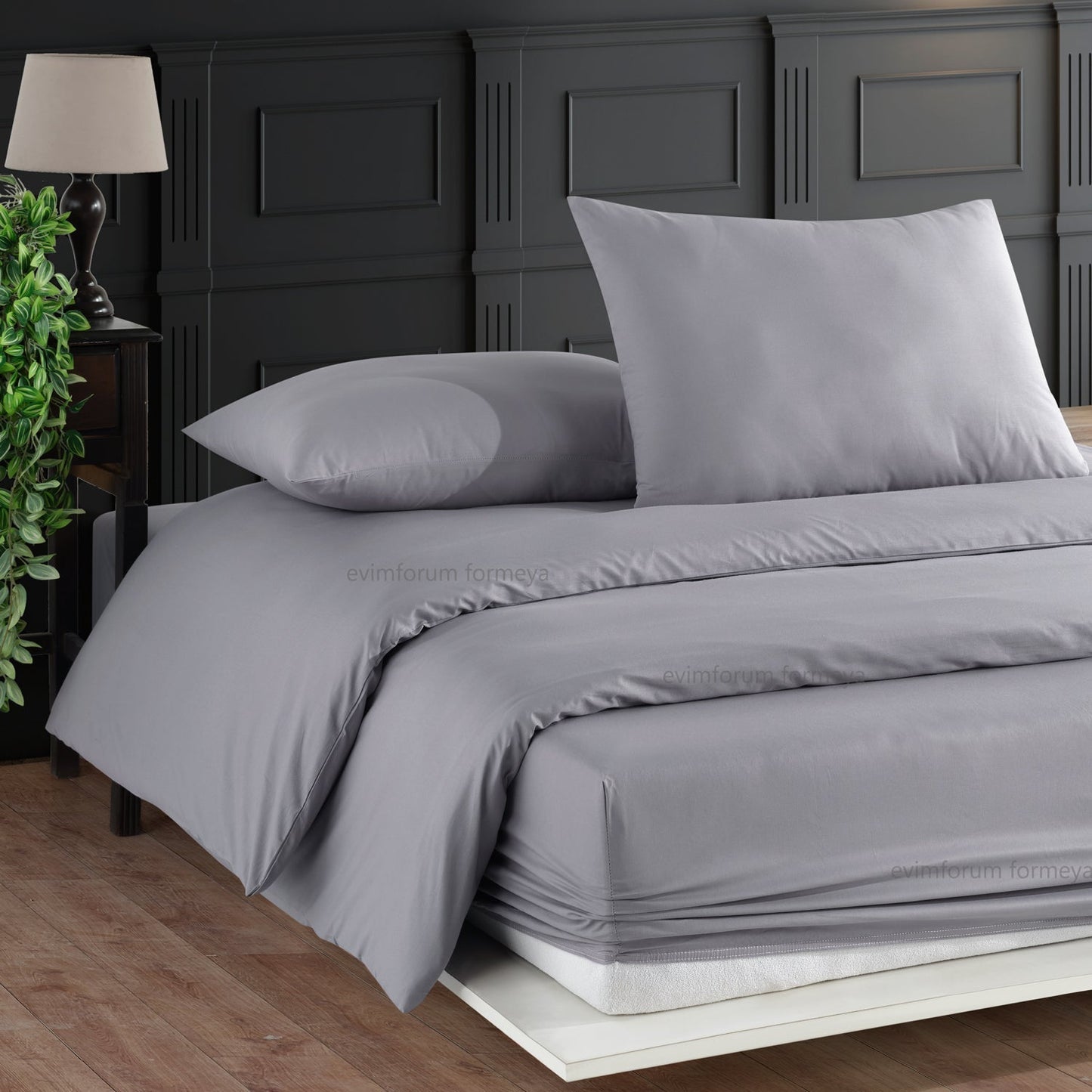 Bettwäsche Set Grau aus 100% Baumwolle Ranforce mit Spannbettlaken