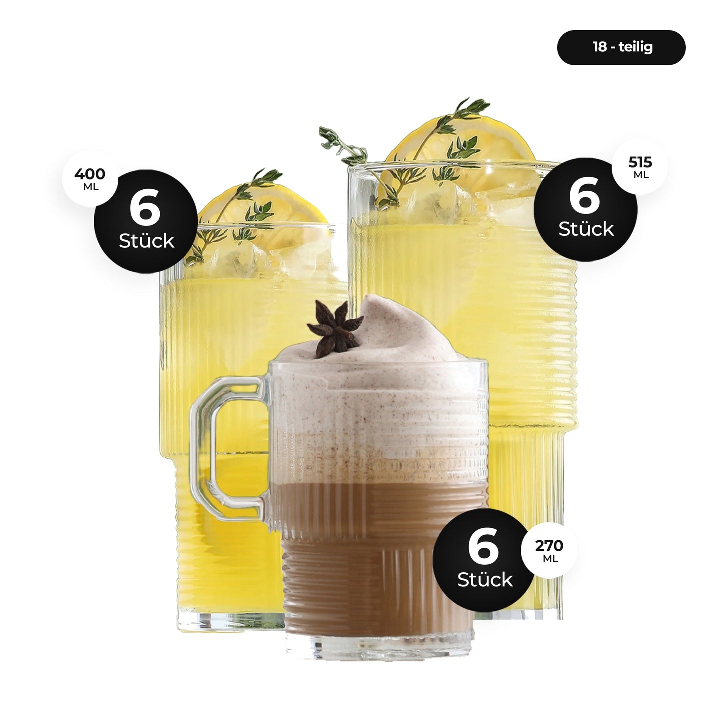 LAV Helen Gläser-Set 18-tlg. 3 Größen Tee Longdrink transparent