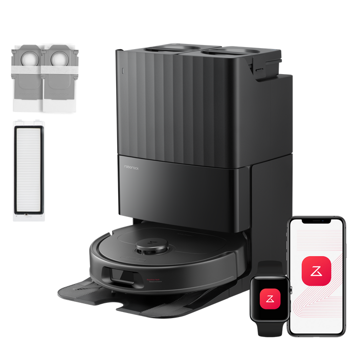 HELDENA Roborock QV 35S Set – schwarzer Saugroboter mit Multifunktionsdock in Frontansicht