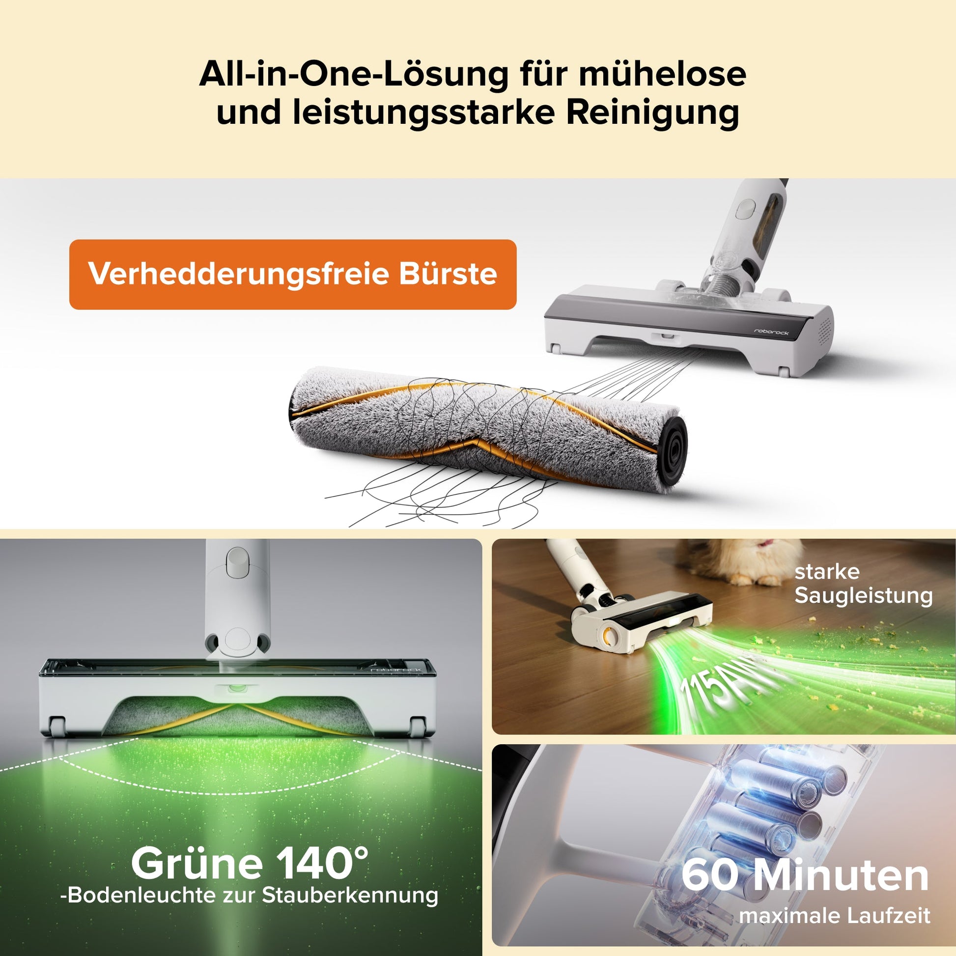 Roborock H60 Hub schwarzer Akkusauger mit LED-Licht für Staub auf Hartboden