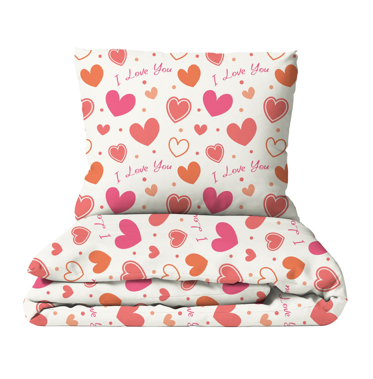 HELDENA Kinderbettwäsche „I love you" mit Herzen in Rosa und Orange, Bettbezug und Kissenbezug als Set