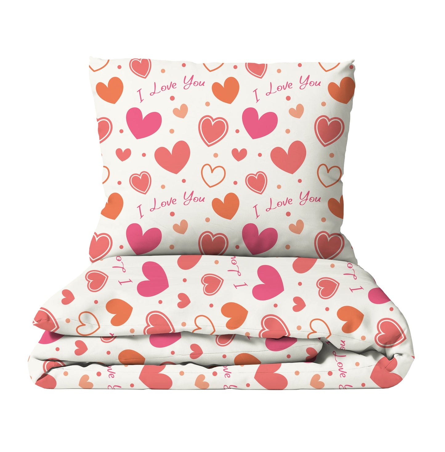 HELDENA Kinderbettwäsche „I love you" mit Herzen in Rosa und Orange, Bettbezug und Kissenbezug als Set